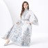 2024 Vacation - Palace style stand up collar flared sleeve single placket printed long lace dress