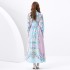 2024 Spring/Summer - Palace style stand up collar lantern sleeves wave side length retro printed dress