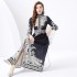 2024 Vacation - Palace style stand up collar lantern sleeve wave side length retro printed dress