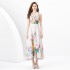 2024 Spring/Summer - Vacation style flat collar sleeveless wide wavy edge oil painting printed long dress