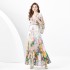 2024 Spring/Summer - Retro Deep V-neck Lantern Sleeve Wave Edge Wide Swing Painted Printed Long Dress