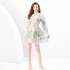 2024 Spring/Summer - Lace Vacation Style V-neck Lantern Sleeve Hundred Fold Printed Short Mini Dress