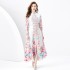 2024 Spring/Summer - Vacation style retro stand up collar single breasted lantern sleeve printed wide swing long dress