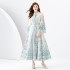 2024 Early Spring - Palace style stand up collar flared sleeve single placket printed long lace dress