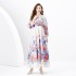 2024 Spring/Summer - Vacation Retro Palace Style V-neck Loose Lantern Short Sleeve Painted Long Dress