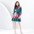 2024 Early Spring - Vacation style stand up collar lantern sleeve wavy edge painted mini print dress