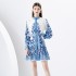 2024 Early Spring - Vacation style stand up collar lantern sleeves wave side length printed dress