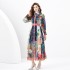 2024 Spring/Summer - Palace style lapel lantern sleeve wave side length retro printed dress