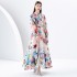 2024 Early Spring - Vacation style stand up collar single breasted palace style printed wide swing long dress