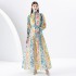 2024 Early Spring - Vacation style stand up collar lantern sleeves wave side length colorful printed dress