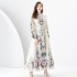 2024 Spring/Summer - Vacation style stand up collar single breasted tropical plant print wide swing long dress