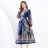 2024 Vacation - Resort Wrap Strap Style V-neck Lantern Sleeve Long Retro Printed Dress