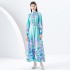 2024 Early Spring Season Wave Edge Wide Skirt Long Retro Watercolor Printed Dress