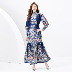 2024 Spring/Summer - Palace style stand up collar lantern sleeves wave side length retro printed dress