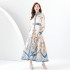 Early Spring 2024- Vintage stand up collar cardigan with wide skirt and lantern sleeves printed long dress