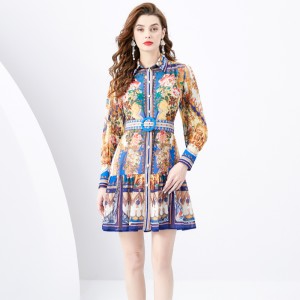 2024 Spring/Summer - Two piece set of palace style lapel lantern sleeves, wavy edge short mini retro printed dress