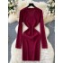 Elegant socialite sexy V-neck zipper long sleeved dress for women in autumn, metal buckle waist cinched bottom knitted woolen dress