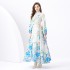 2024 Vacation - Rural style retro stand up collar single breasted printed wide swing long dress