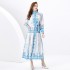 2024 Spring/Summer - Palace style stand up collar lantern sleeves wave side length retro printed dress