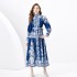 2024 Spring/Summer - Palace style stand up collar lantern sleeves wave side length retro printed dress