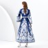 2024 Early Spring - Palace style stand up collar flared sleeve single placket printed long lace dress