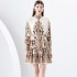 2024 Early Spring - Vacation style stand up collar lantern sleeves wave side length printed dress