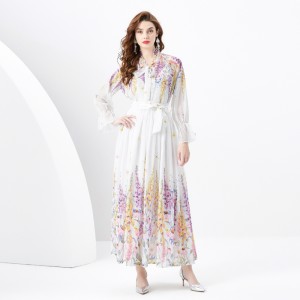 2024 Spring/Summer - Vacation style V-neck mushroom edge ribbon pleated wide swing printed skirt set, four pieces