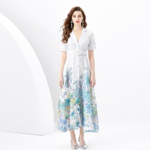 2024 Spring/Summer - Vacation Style Suit Collar Short Sleeve Wide Swing Wave Edge Square Scarf Printed Long Dress