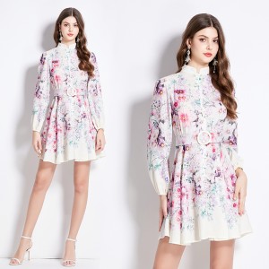 Original in stock | 2024 spring/summer floral ethnic style retro stand up collar lantern sleeve printed dress