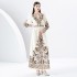 2024- Early Spring Lantern Sleeve V-neck Retro Printed Long Mini Dress