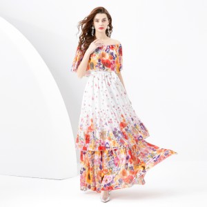 2024 Spring/Summer - Vacation Style One Shoulder Lotus Leaf Edge Holiday Printed Long Cake Dress