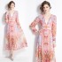 Original in stock | 2024 early spring vacation style temperament design sense V-neck printed long sleeved waist cinching dress