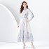 2024 Early Spring - Palace style stand up collar lantern sleeve wave side length retro printed dress