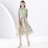 2024 Spring/Summer - Palace Style Flip Collar Short Sleeve Waist Wide Skirt Printed Long Dress