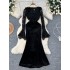 High end socialite dress, 2024 autumn sexy square neck flared sleeve lace patchwork velvet slim fit long dress