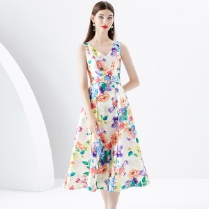 Early Spring 2024- Retro Stand cut V-neck Sleeveless Wide Swing Printed Dress