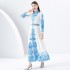 2024- Early Spring Palace Style Flip Collar Single Front Lantern Sleeve Retro Printed Long Dress