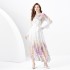 2024 Spring/Summer - Vacation style V-neck mushroom edge ribbon pleated wide swing printed skirt set, four pieces