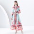 2024 Early Spring - Vacation style stand up collar lantern sleeves wave side length colorful printed dress