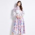 Original in stock | 2024 spring new satin retro stand up collar lantern sleeve printed dress