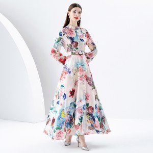 2024 Early Spring - Vacation style stand up collar single breasted palace style printed wide swing long dress