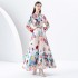 2024 Early Spring - Vacation style stand up collar single breasted palace style printed wide swing long dress