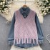 Korean version sweet college style fashion two-piece set of women's tassel knitted vest+casual versatile loose denim shirt