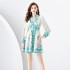 2024 Early Spring - Vacation style V-neck lantern sleeve pleated short mini retro printed dress