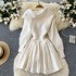 One shoulder lapel bow tie tied long sleeved knitted dress for women in autumn, pure desire to fold waist sweater, pleated short skirt