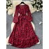 European and American style 2024 autumn new item niche high-end feeling waist collection temperament V-neck split ruffle edge printed dress