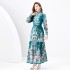 2024 Spring/Summer - Palace style stand up collar lantern sleeves wave side length retro printed dress