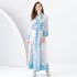 Early Spring 2024- Retro Palace style pleated V-neck lantern sleeves long printed dress