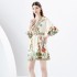 2024 Early Spring - Vacation style V-neck pleated lantern sleeves retro painted printed mini dress