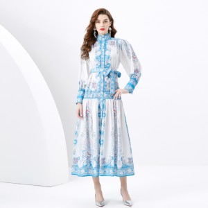 2024 Spring/Summer - Palace style stand up collar lantern sleeves wave side length retro printed dress